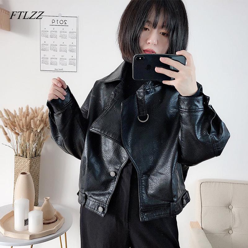 FTLZZ automne femmes veste en Faux cuir Vintage petit ami Style manteau manches chauve-souris moteur court PU vestes tenue pour cycliste: Black / L