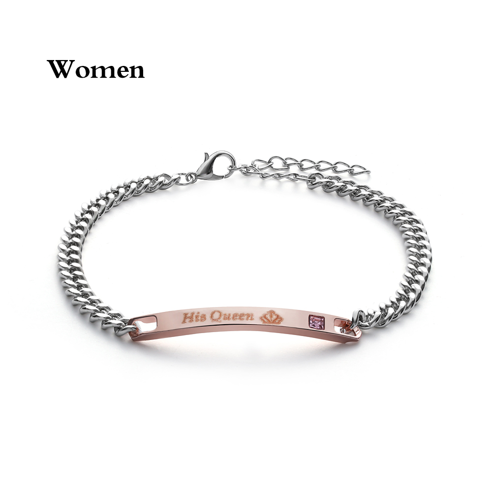 Love Bangle Men Women Her King His Queen Couple Bracelets Titanium Steel Crystal Crown Charm Wrist Chain Valentine's: His Queen