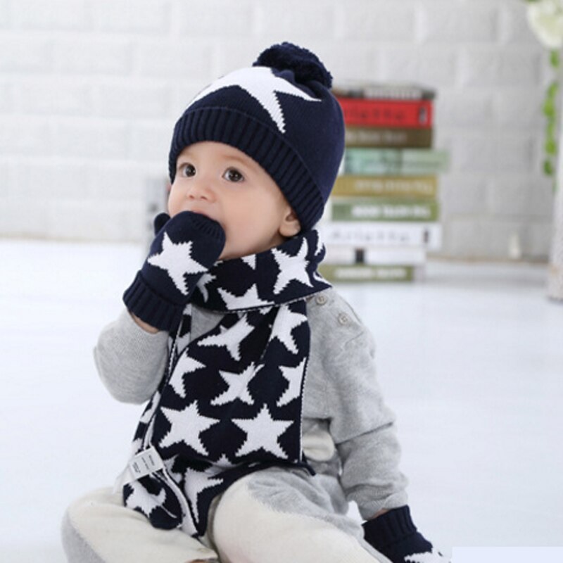 3 Pcs Winter Baby Hat with Scarf and Gloves Stars Crochet Knitted Cotton Caps for Infant Boys Children Keep Warm Kids Hats Set