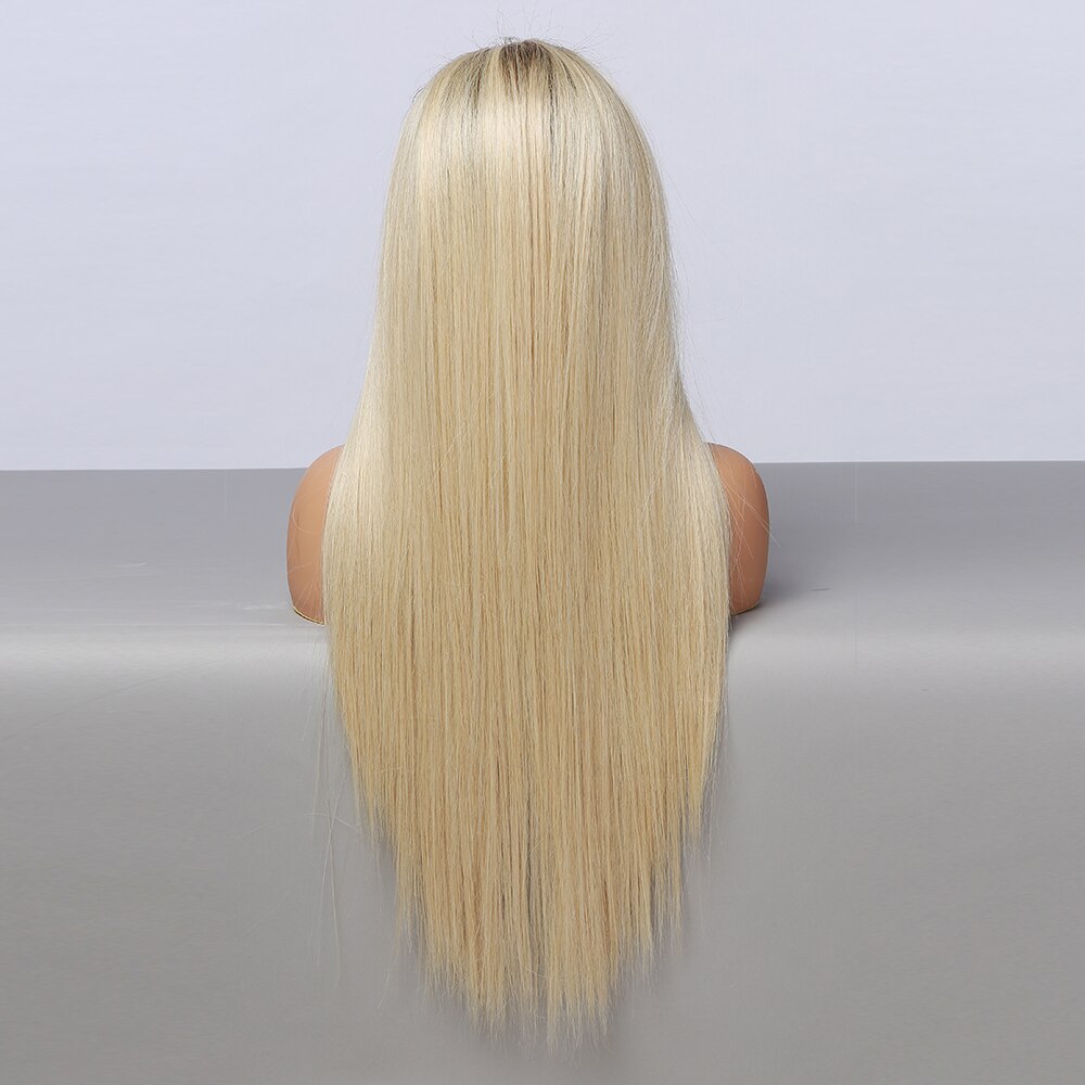 ALAN EATON Synthetic Lace Front Wig Natural Middle Part Ombre Brown Light Blonde Long Straight Lace Hair Heat Resistant Fibre