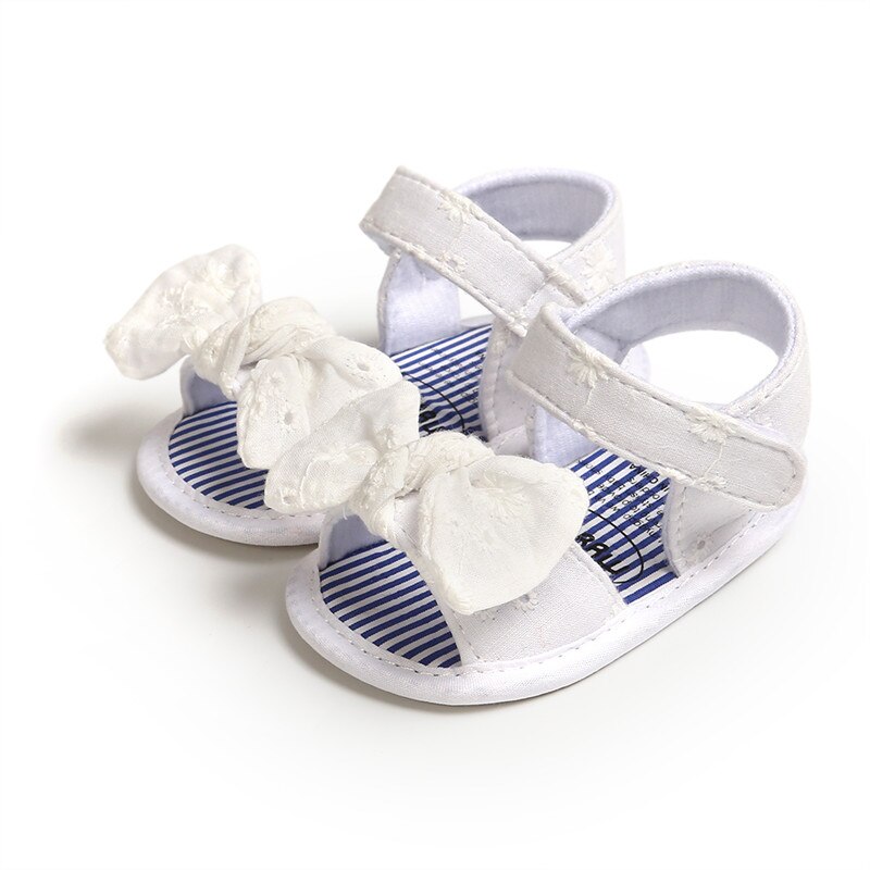 Baby meisjes sandalen zomer effen streep strik platte knoop met 0-18 maanden kinderen dragen schattig: Wit / 0-6 maanden