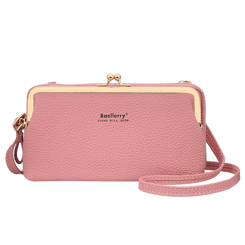 Mini Vrouwen Messenger Bags Pu Lederen Schoudertas Vrouwelijke Mobiele Telefoon Tas Lychee Patroon Grote Capaciteit Rits Portemonnee: Roze