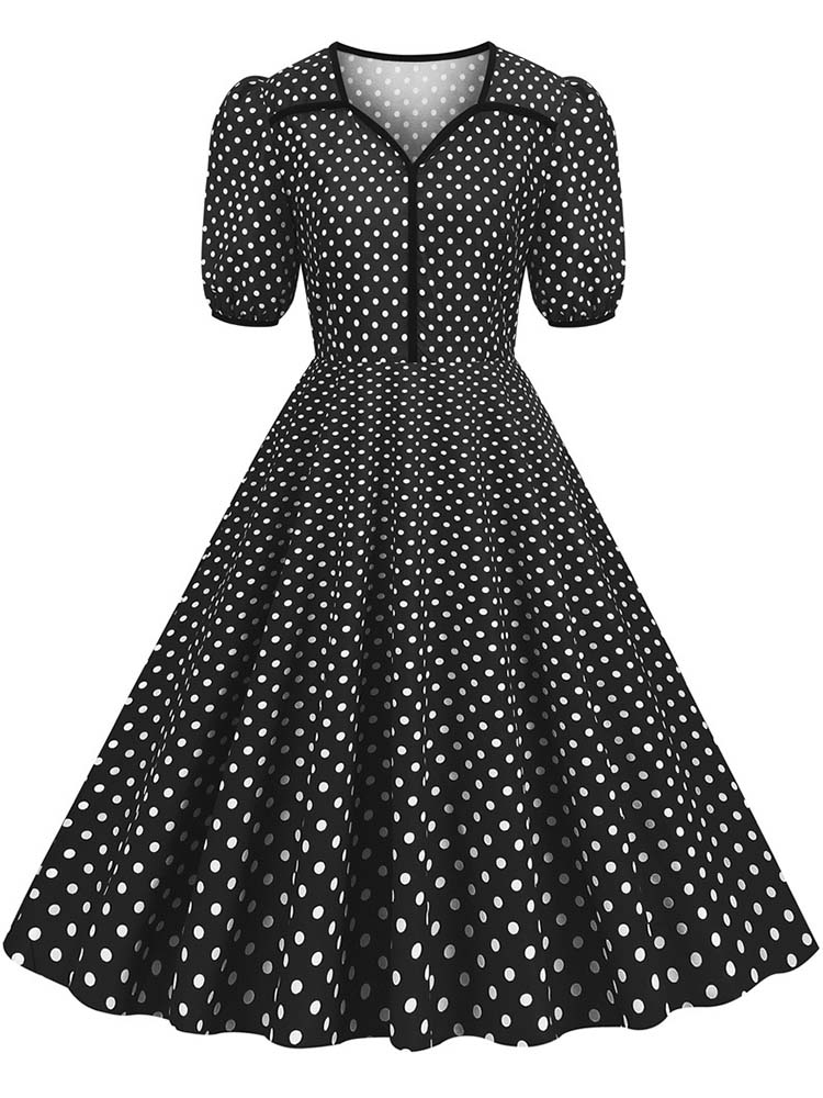 Women's V-neck Summer Dress Polka Dot Print Slim Fit Swing Short Sleeve Party Sundress Robe