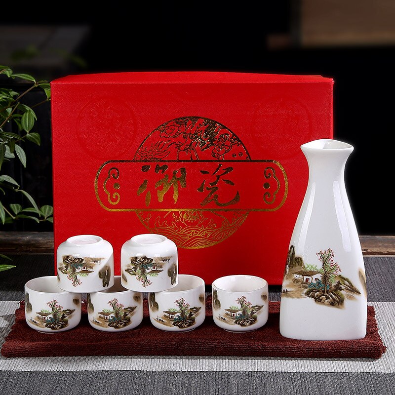 1 Hip Flask 6 Wine Glasses Chinese Traditional Ceramic Tea Wine Set Eco-Friendly Ceramic China (Bar Sets: shanshui