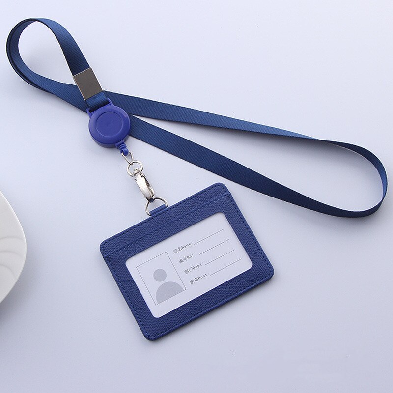 PU Leather Lanyard retractable badge holder ID card holder school lanyards id badge holder horizontal badge holder transparent: blue-Horizontal
