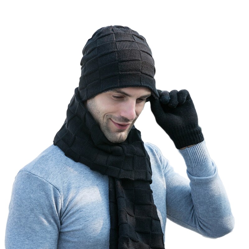 Conjunto de guantes de punto para hombre y mujer, gorros Unisex, sombrero, anillo, bufanda, gorro grueso y cálido, Retro, sólido, suave, , Invierno: black