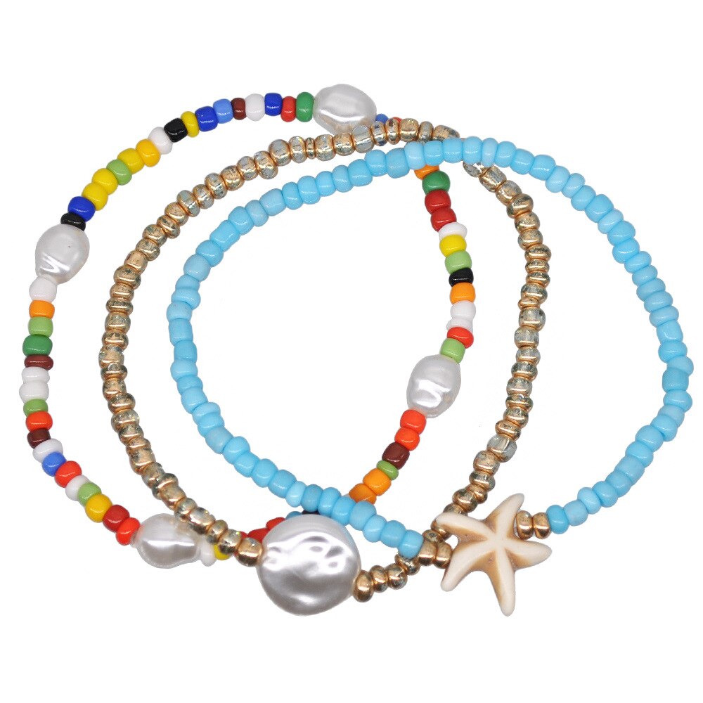 Hangzhi 3 stk / sæt bohemia barokke perler søstjerner farverige flerlags beaded armbånd til kvinder smykker: -en