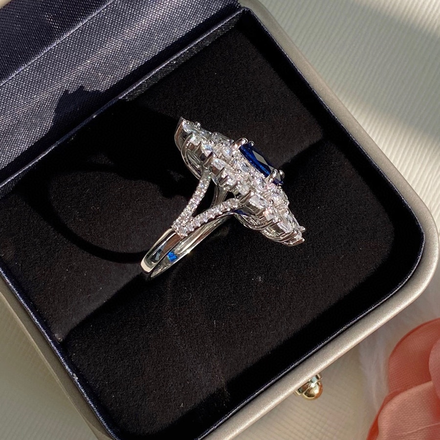 Luomansi luxo au750 platina natural safira anel s925 prata esterlina feminino anel aniversário festa jóias acessórios
