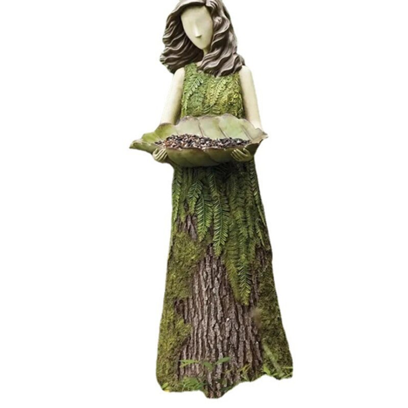Sherwood Fern Fairy Statuary With Bird Feeder Resin Ornament Outdoor Garden Statue Super Cute Garden Decoration Outdoor