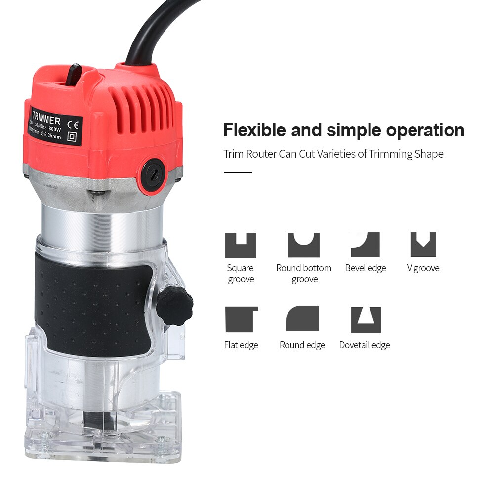 30000r/min Electric Trimmer 220V 800W Trim Router with Transparent Base Edge Guide for Woodworking Trimming Slotting Notching