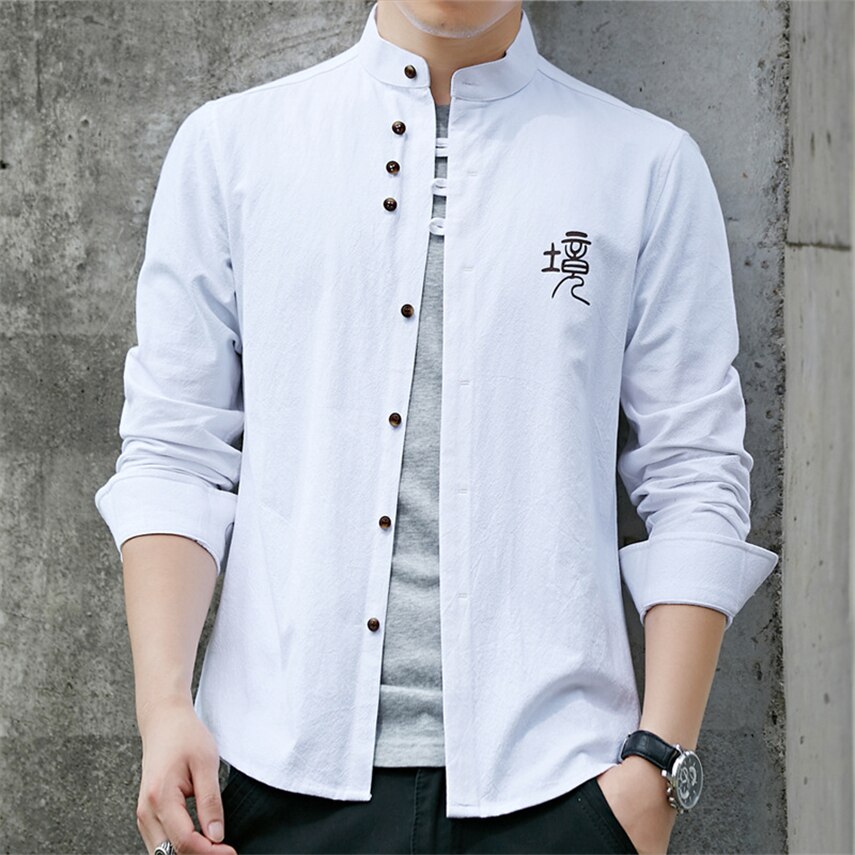 Retro Chinese Man Shirt Casual 100% Katoen Traditionele Tops Mannelijke Mandarijn Kraag Effen Kung Fu Kleding Tuniek Tang Pak