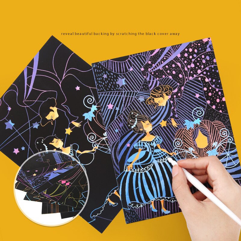 1 Set 6pcs 20x15cm Magic Color Scratch Art Paper Coloring Cards Scraping Drawing Toys for Children