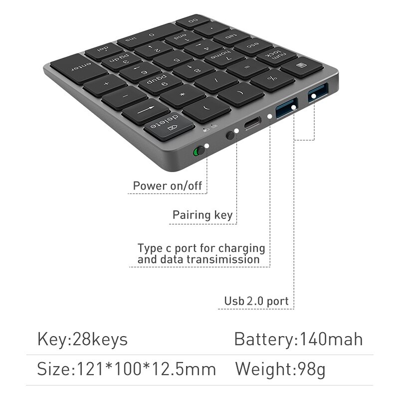 Mini Bluetooth Numeric Keyboard 28 Keys Protable Keypad with USB Hub 2.0 Compatible with Tablet PC Laptop Desktop