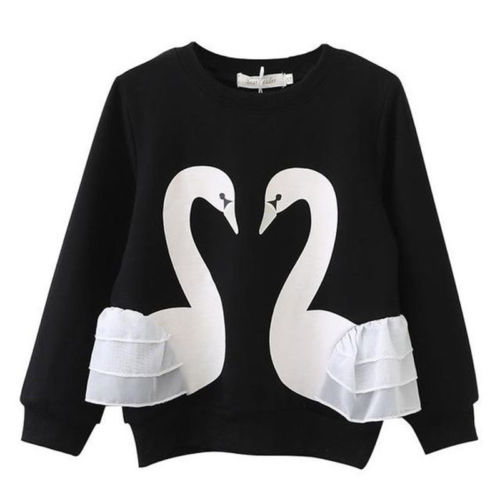 Schattige zwaan kind kinderen baby meisjes katoenen lange mouwen kant t-shirt top blouse kleding eendelig warm: Zwart / 12m