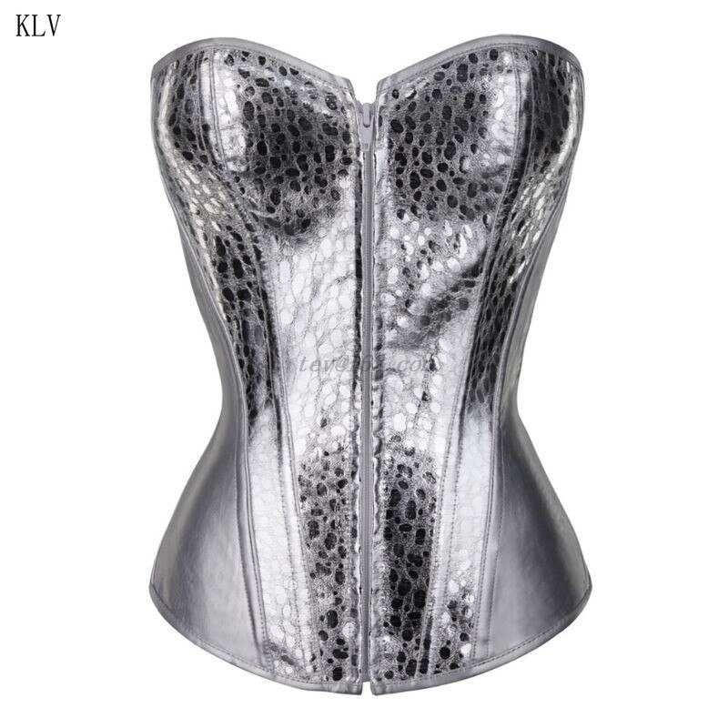 Women Sexy Gothic Shiny Silver Boned Corset Faux Leather Overbust Bustier Front Zipper Lace-Up Waist Cincher Clubwear