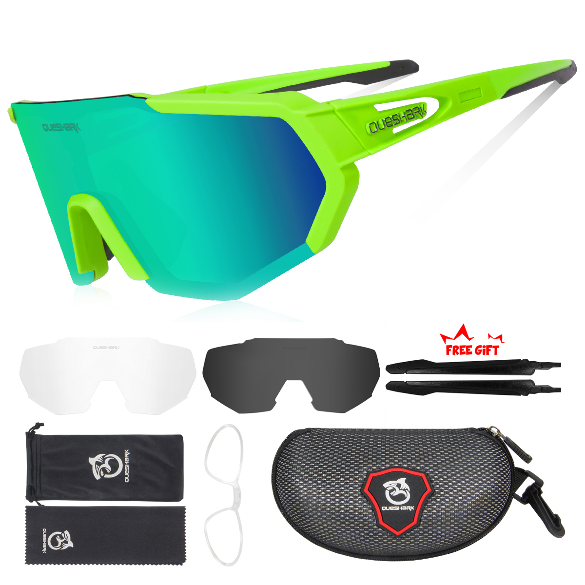 QUESHARK mujeres hombres polarizadas 3 lentes conjunto ciclismo gafas de sol deportes MTB bicicleta gafas montar bicicleta de carretera gafas QE42: Negro