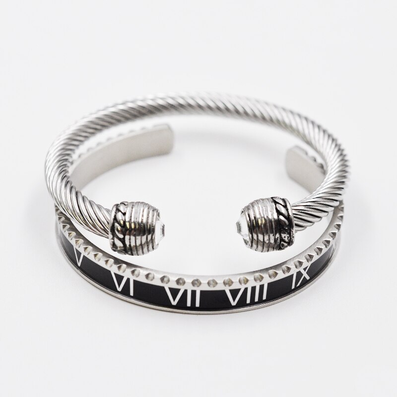 Outdoor Black Roman Numeral Bracelet Men's Cable Wire Rope Bracelet Stainless Steel Men Bangles Punk Street Jewelry Accessories: Set Silver Black