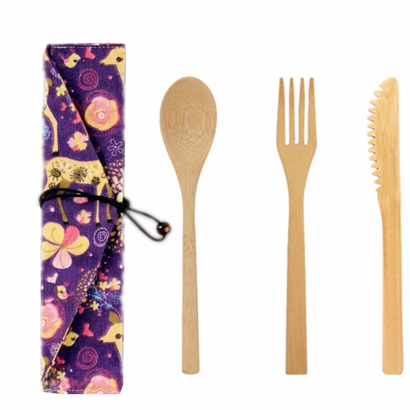 Couverts en bois, réutilisables, couverts de voyage, cuillère fourchette et paille de bambou, ustensiles de table
