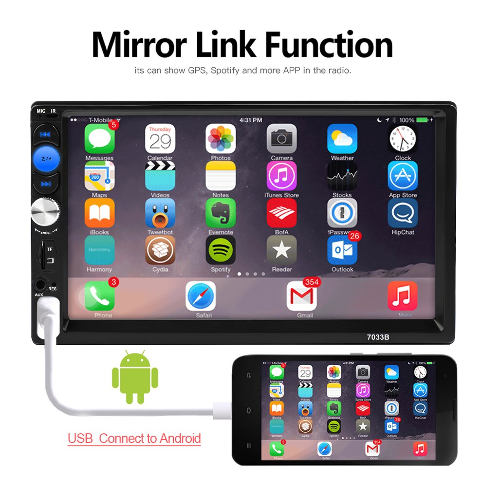 Radio Estéreo 7036B para coche, reproductor MP5, 2 DIN, mirrorlink, Android, 2 DIN, pantalla táctil de 7 ", HD, Bluetooth, Multimedia