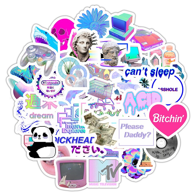 50pcs Vaporwave Art Style Sticker For Laptop Skateboard Luggage Refrigerator Notebook Decals Helmet Cartoon Computer Stickers