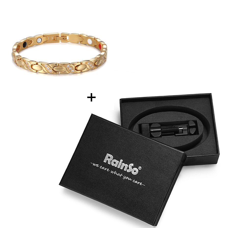 Rainso rustfrit stål magnetiske kvinder armbånd terapi smykker guld link kæde med bio elementer charm armbånd: Guld med kasse