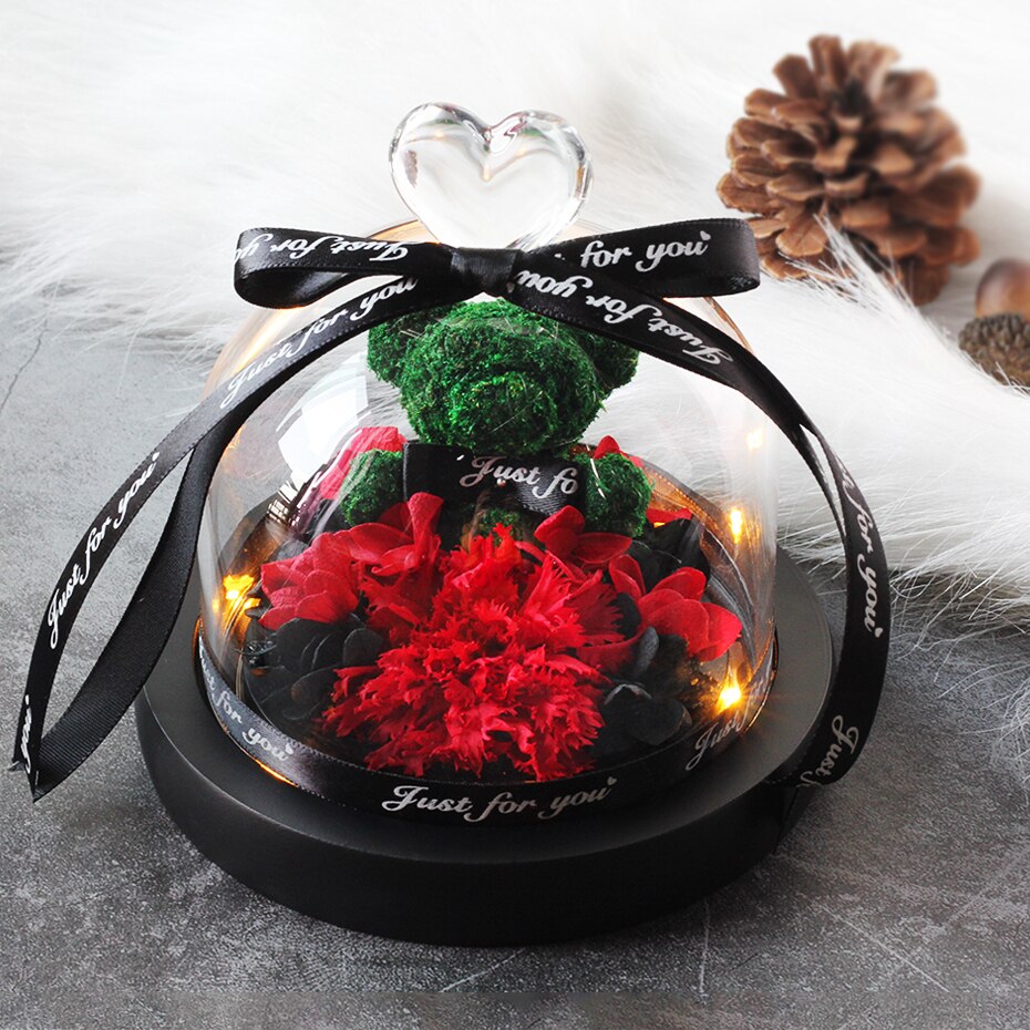 Getrocknete Blumen Ornamente Erhalten Rosen Bears in Glas Abdeckung mit Lichter Hochzeit Weihnachten Neue Jahr Wohnkultur für Mädchen: B35