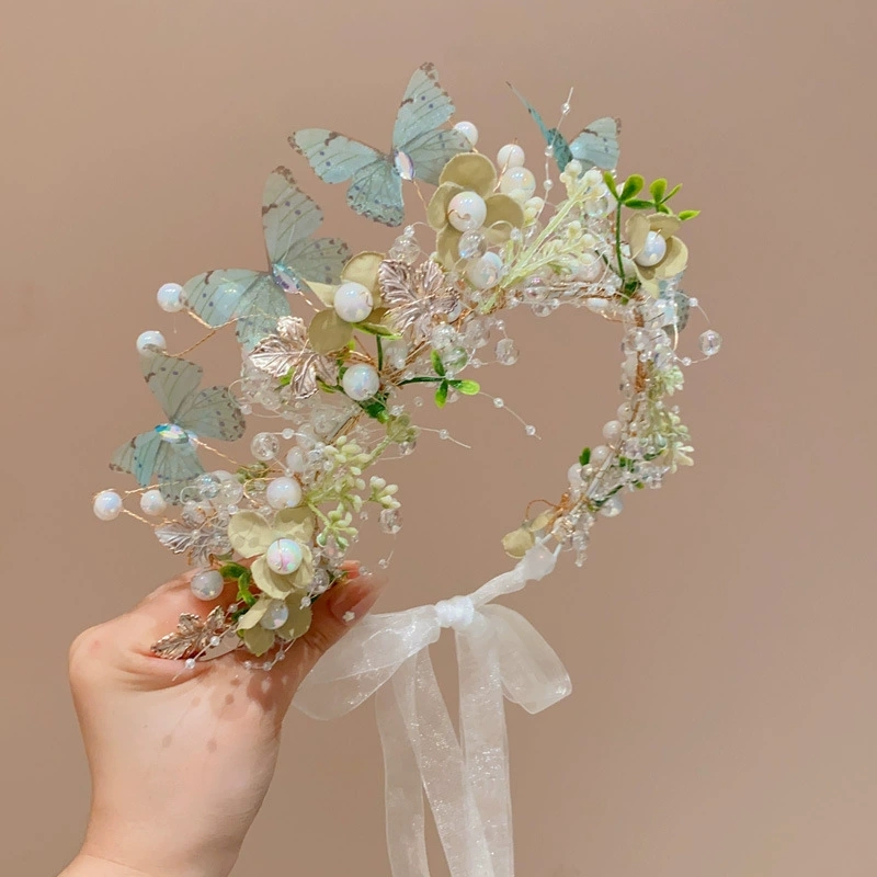 Rosa fjärils-pärlblomma-hårband för flickor, kranshårband för barn, håraccessoarer för fest: Rodiumpläterad