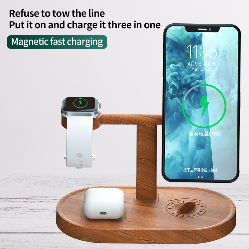 15W Magnetische 3 In 1 Bamboe Hout Draadloze Oplader Station Voor Mobiele Telefoon Smart Watch Oordopjes Met Aroma fast Charger