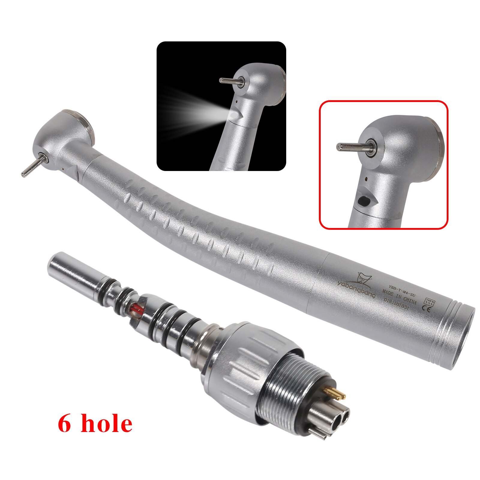 6- gats standaard grote kop enkelvoudige watersproeirotor & 6- gats led-snelkoppeling glasvezel hogesnelheids handstuk tandheelkundig instrument