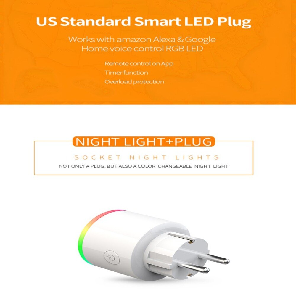 Wifi Smart Socket with LED Indicator Smart Plug Power Monitor Switch Phone APP Voice Remote Control Home Auto Timer RGB Light