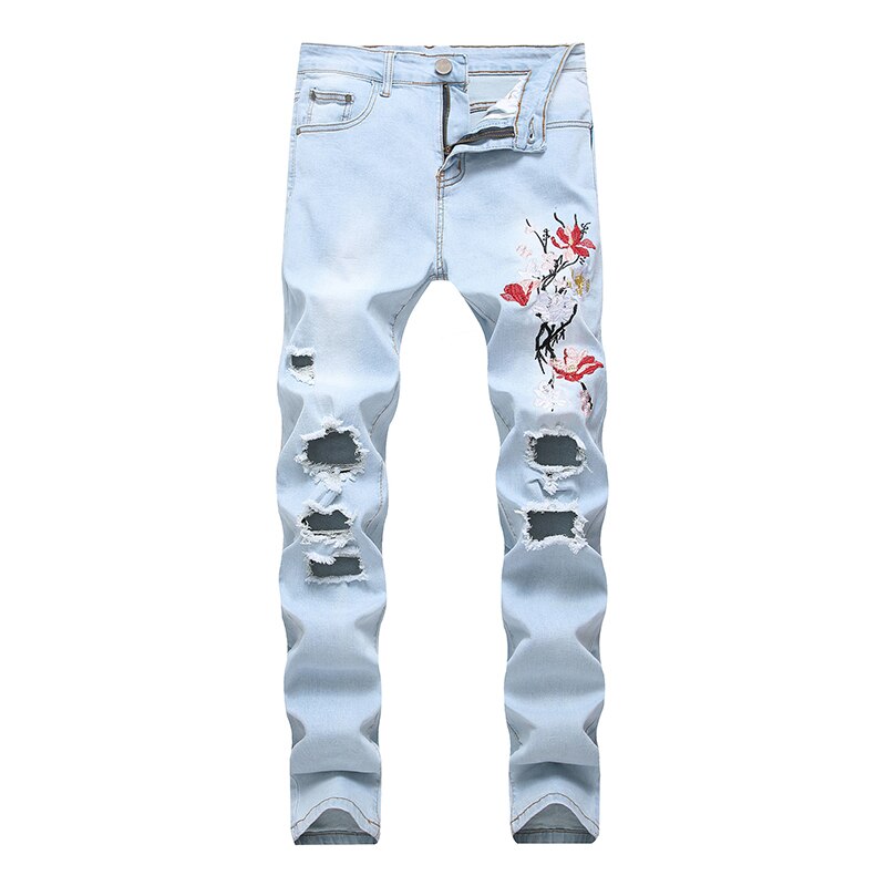 Ripped Jeans with Embroidery Men with Flowers Rose Embroidered Men's Holes Denim Jeans Stretch Skinny Plus Size Jeans Pants