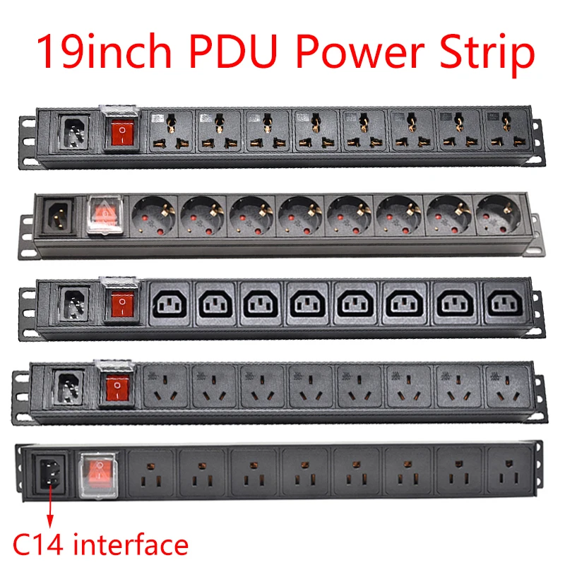 Cabinet 19inch PDU Power Strip Unit C14 Interface 8Ways EU/US/AU/C13/Universal Socket Extension Electrica With Switch