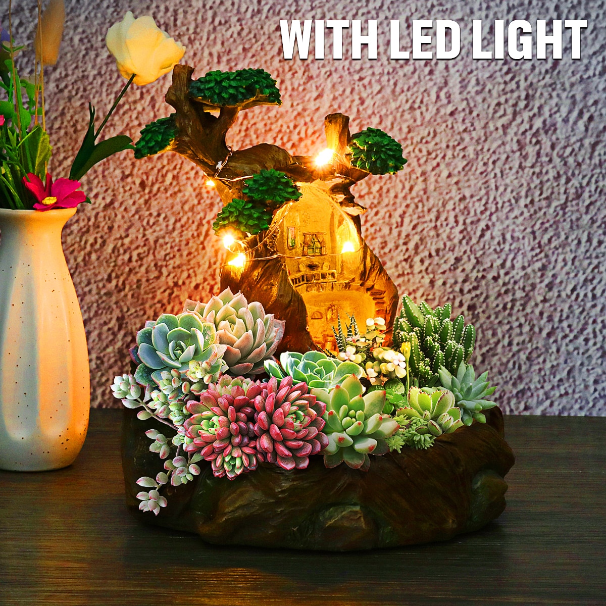 LED Plants Pot Flower Plants Succulent DIY Container Decorated with Mini Hanging Fairy Garden House Decor