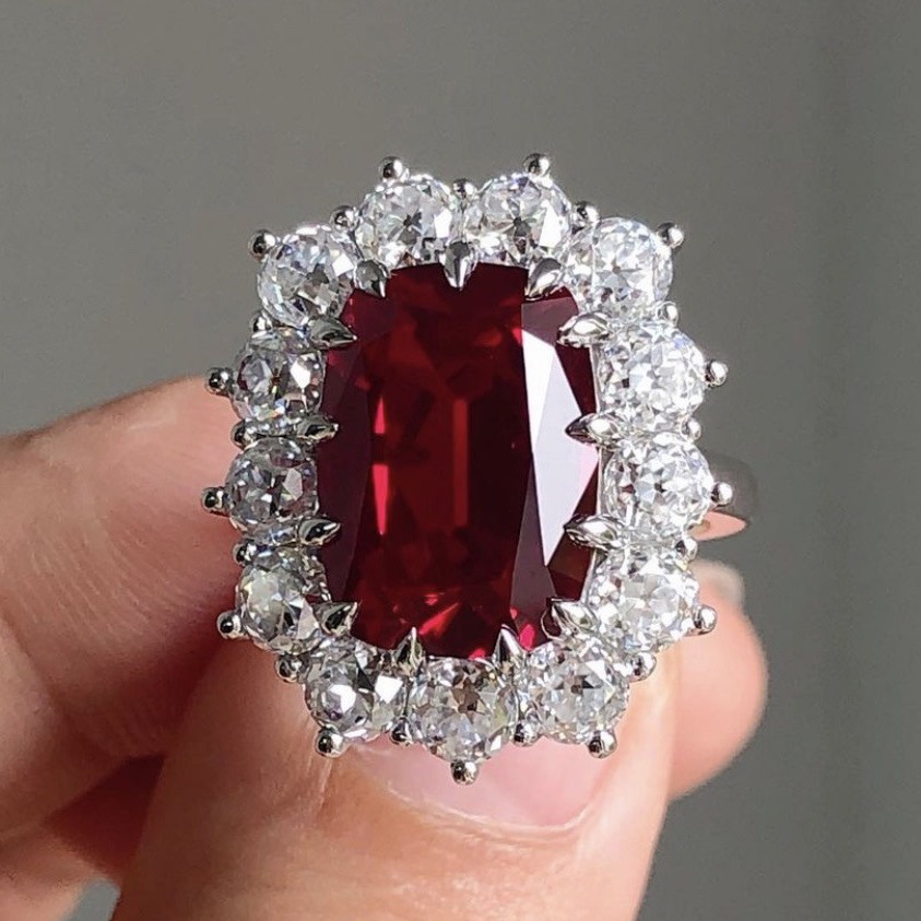 Anillos de piedra roja blanca de Color plateado con flor cuadrada delicada, anillos de de Metal a la para mujer, joyería: 10