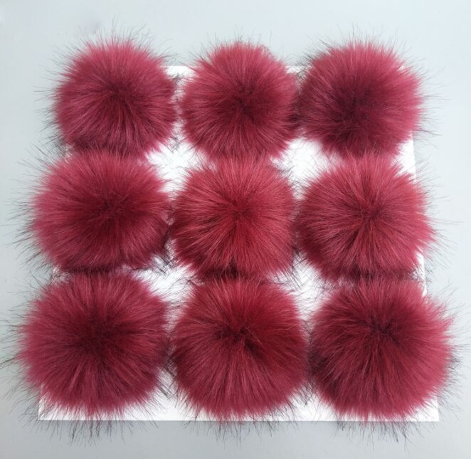 DIY Women Faux Raccoon Fur Pom Poms Ball for Knitting Beanie Hats Accessories Soft Hat Decoration with Buckle Hairball: Wine Red With Button