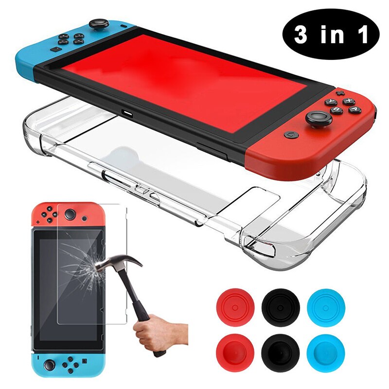 Voor Nintendo Schakelaar Transparant Back Hard Case + Gehard Glas Screen Protector + 6Pcs Duimgrepen Caps: Clear back