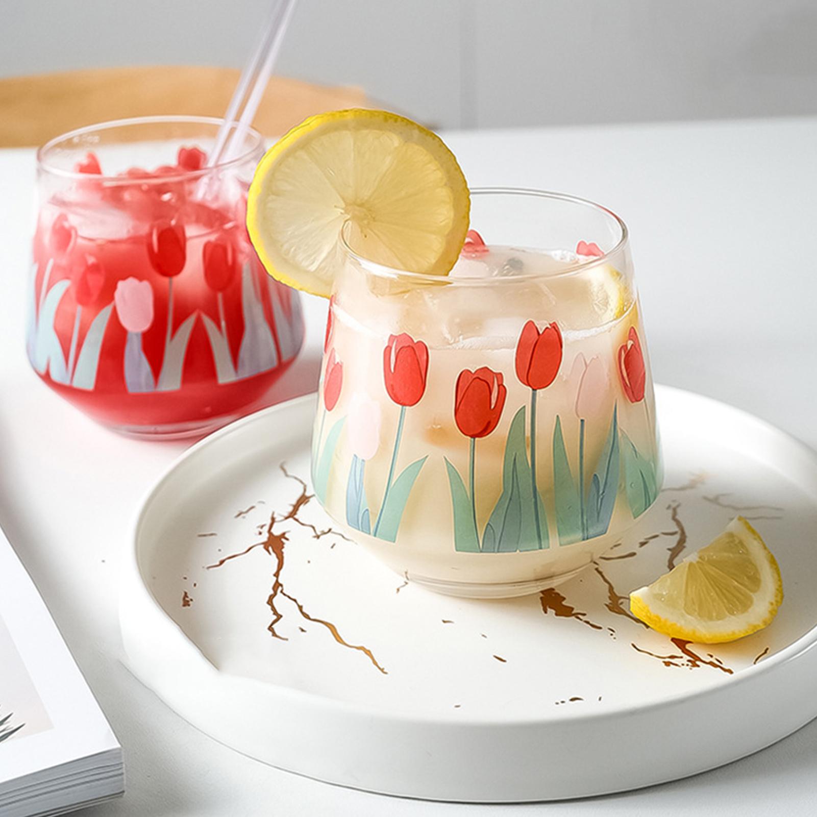 Tekoppar juice mjölkglas kaffe mugg vatten kopp vintage tulpan tryck transparent öl whisky mjölk glas kopp hem restaurang mugg