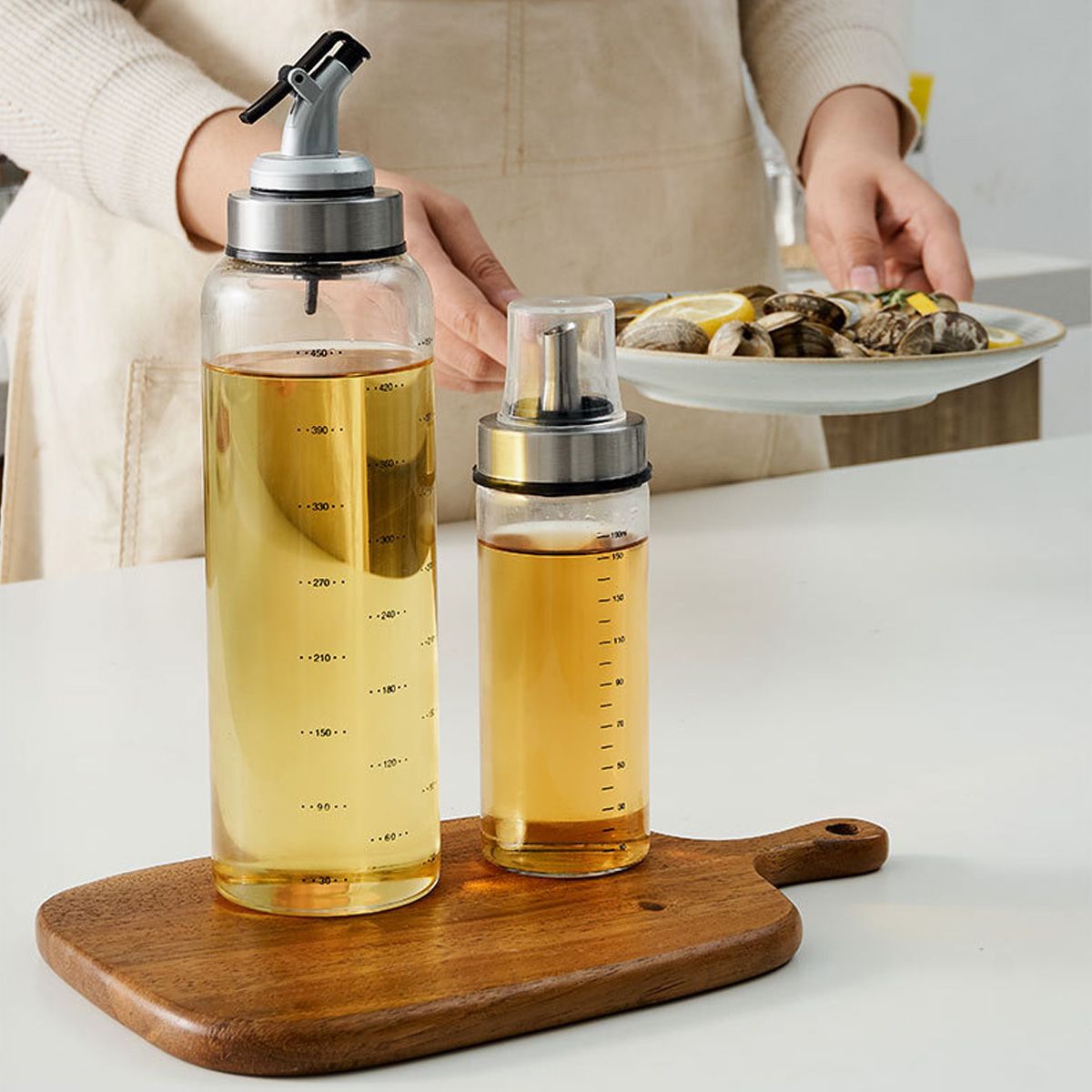 Koken Kruiden Fles Olie Saus Fles Dispenser Platic/Glas Met Schaal Opslag Flessen Voor Olie Azijn Keuken Accessoires