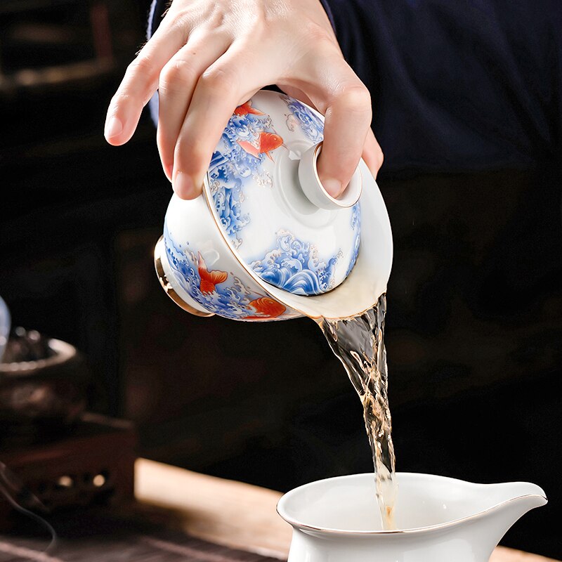 145ml keramiska teterriner porslin gaiwan karp teskål tefat lock set tefest teserviser dryckeskärl kopp dekor hantverk