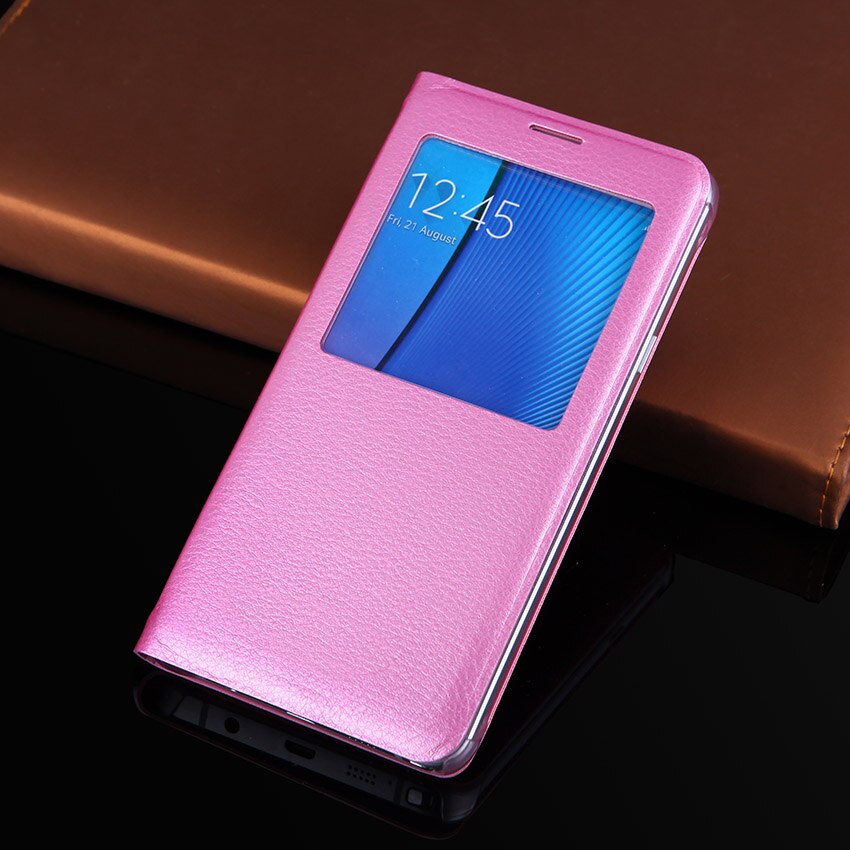 Flip Cover Leather Case Slim Window View Shockproof Bag Cell Phone Carrying Cases Mask For Samsung Note 5 Note5 N920 N920F N920H: Pink