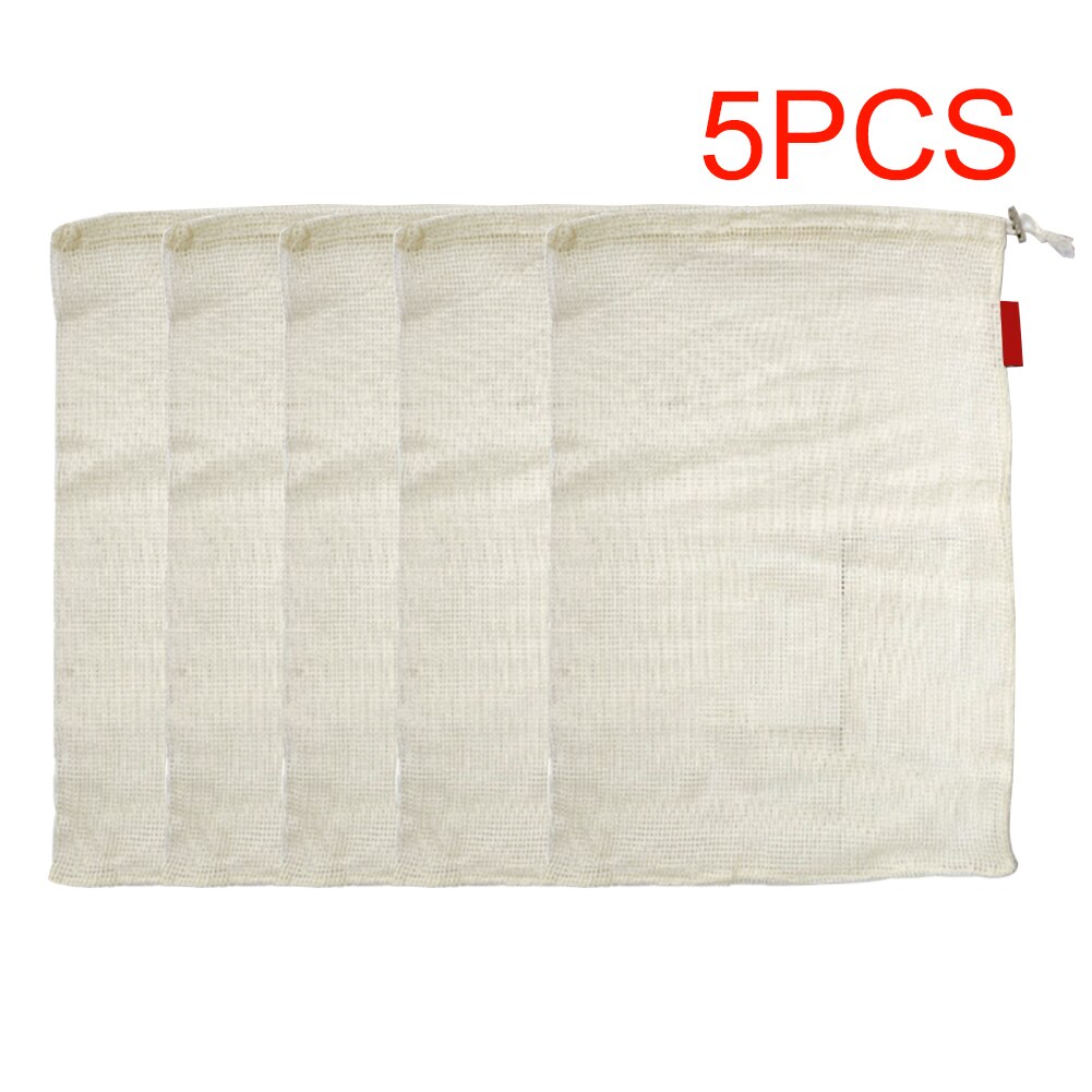 5 stuks afvalvrije boodschappentassen van biologisch katoen met trekkoord, wasbaar, herbruikbaar, voor grote hoeveelheden, 43 x 30cm mesh