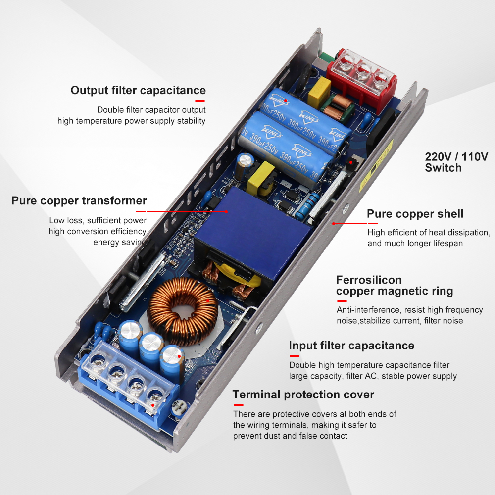 Full Watt Led Voeding Koperen Omhulsel Stille Ac Naar Dc 110V 220V Converter 60W 100W 200W 300W 400W Led Transformator 12V 24V