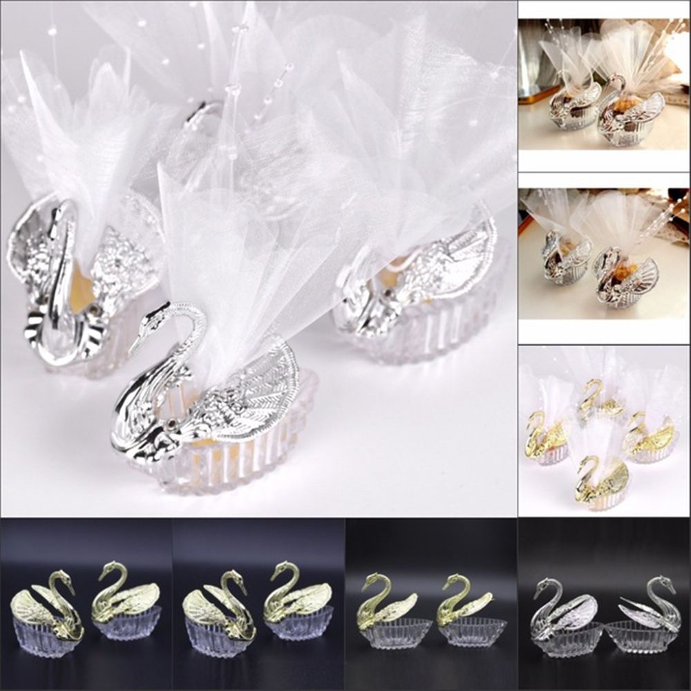 Elegante caixa de doces cisne acrílico criativo favor prata/ouro caixas de presente com voile para o casamento noivado festa decoração suprimentos