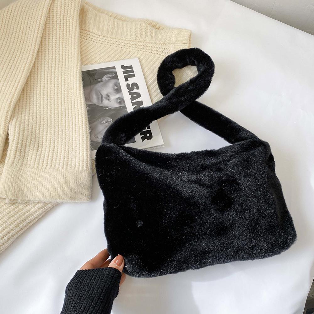 Zoete Bloem Faux Fur Vrouwen Handtas Mode Zachte Pluche Schoudertassen Voor Vrouwen Leuke Bloem Afdrukken Portemonnee Onderarm tas: Black