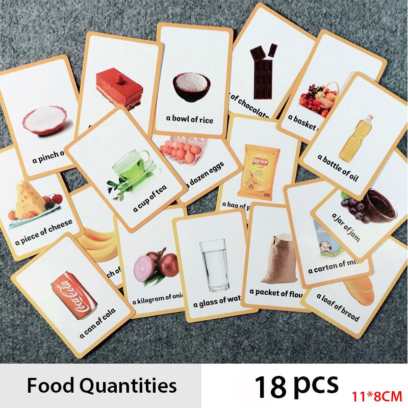 18 unids/set comida cantidades inglés palabra tarjeta Flash de los niños Tarjeta de aprendizaje de juguetes educativos para edades tempranas