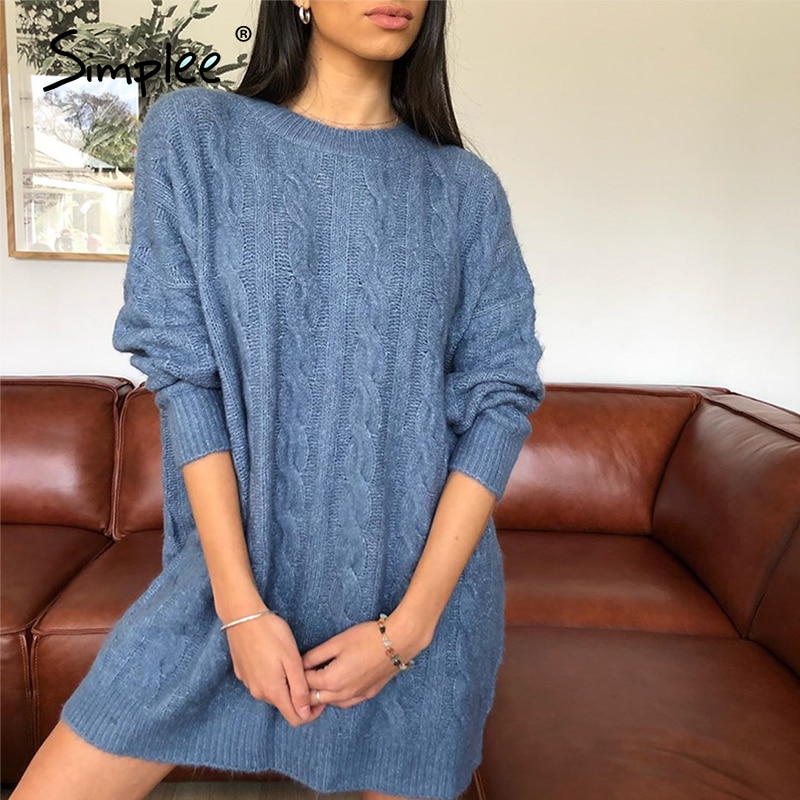 Simplee Causal blue autumn winter women knitted dress o-neck long sleeves straight dress basic sweater dress