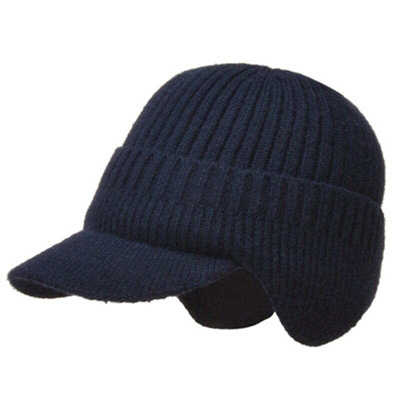 Outdoor Men Winter Knitted Ear Protection Cap Think Wool Beanies Bonnet Snapback Short Brim Hat Cycling Plush Keep Warm Hat: Navy