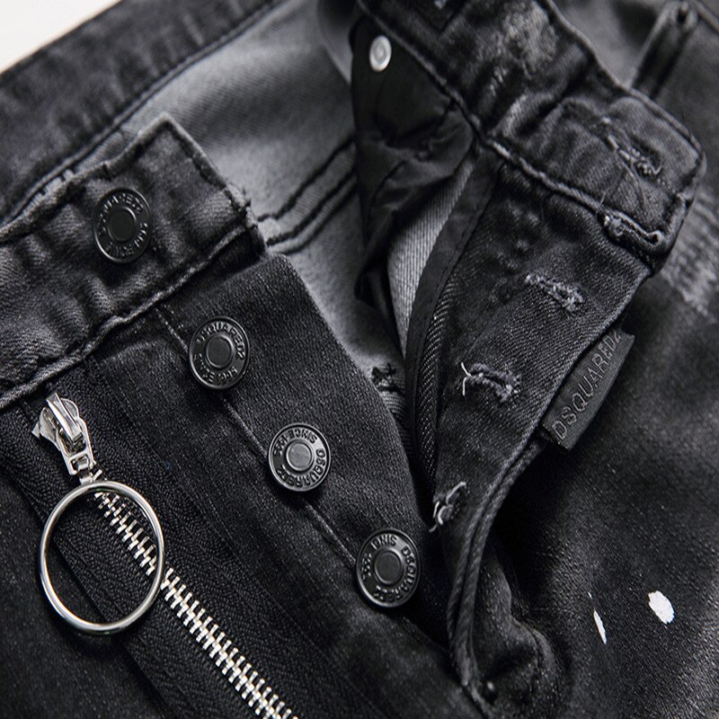 Jean déchiré avec icône de peinture noire pour hommes, 2022, fermeture éclair sauvage, décoration, personnalité, 1056