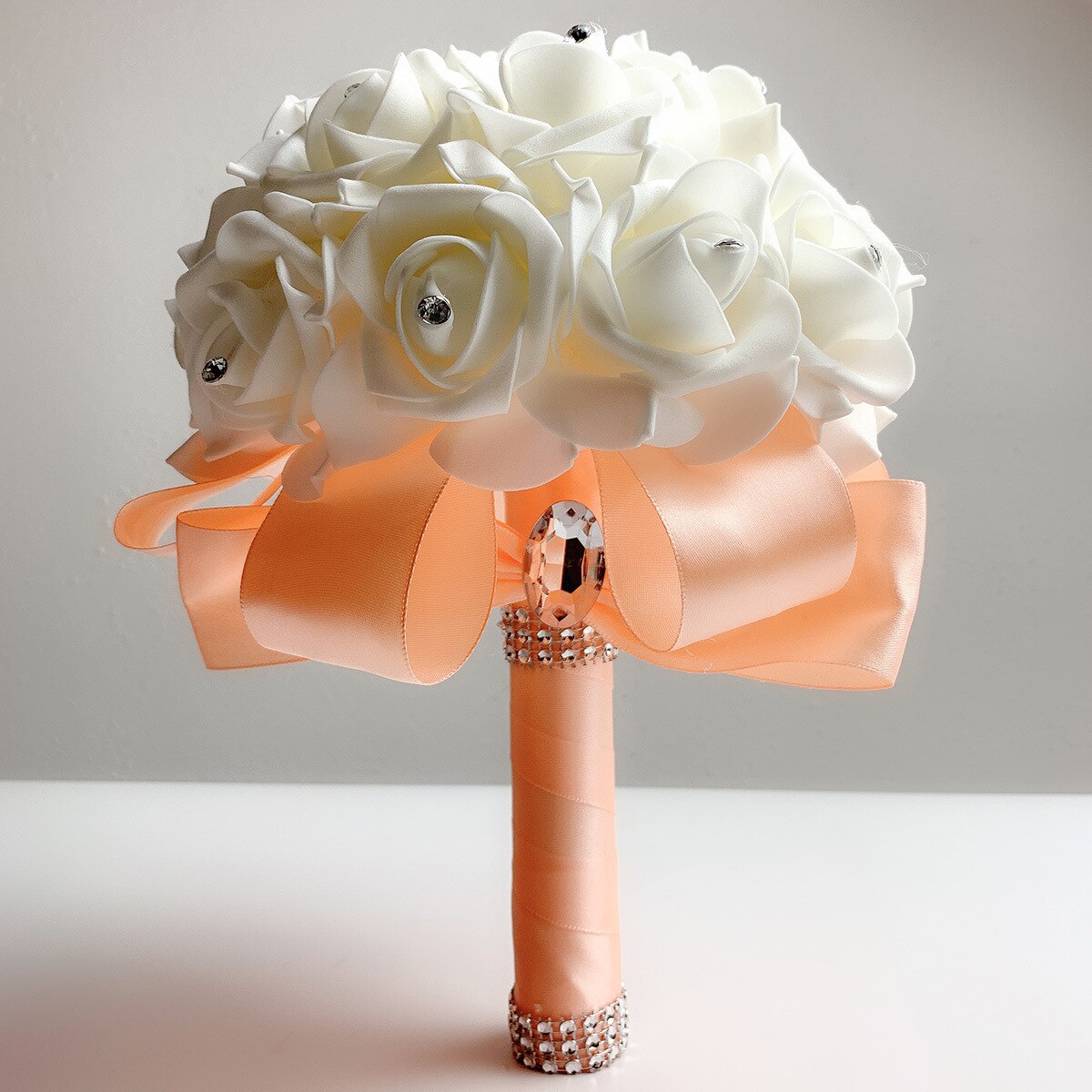Beautiful White Ivory Bridal Bridesmaid Flower Wedding Bouquet Artificial Flower Rose Bouquet Crystal Bridal Bouquets: Snow Bud