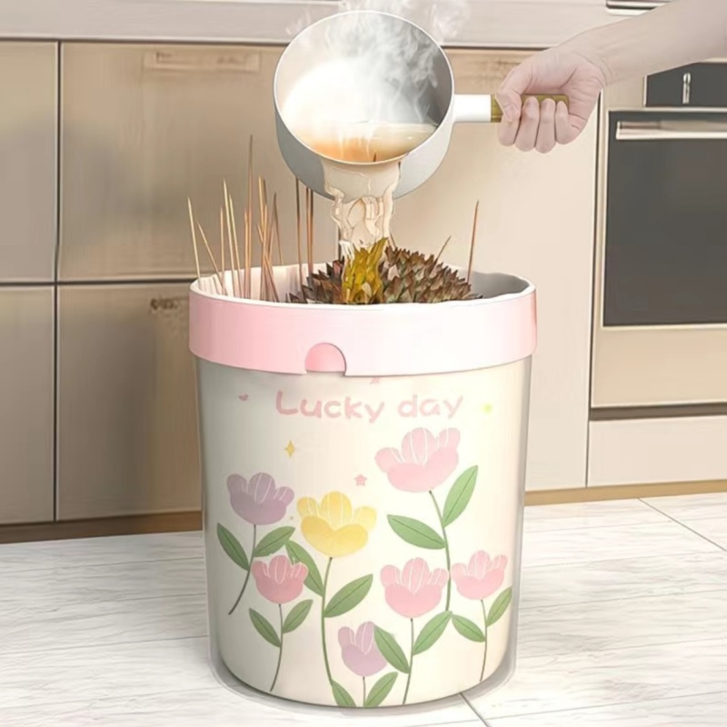 50 stuks grote, dikke vuilniszakken met trekkoord en lavendelgeur - gemaakt van hoogwaardig polyethyleen, multifunctionele wegwerpzakken, geschikt voor keuken, badkamer, slaapkamer, woonkamer en toilet - met roze en gele bloemenprint en de tekst "happy day".